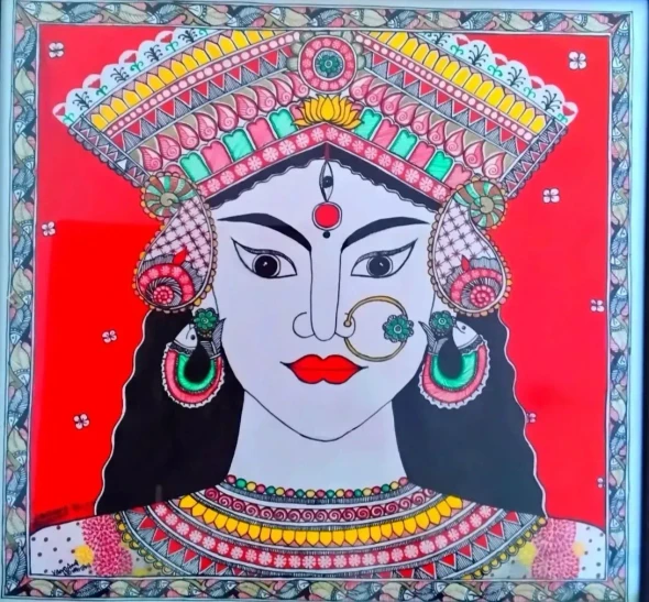 Goddess Durga Handmade Madhubani Painting By Artistic Dreamrealm (ART-17998-118428) - Handpainted Art Painting - 11in X 11in