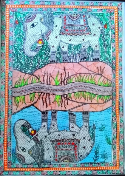 Elephant Reflection Madhubani Painting By Artistic Dreamzone (ART-17998-118430) - Handpainted Art Painting - 11in X 16in