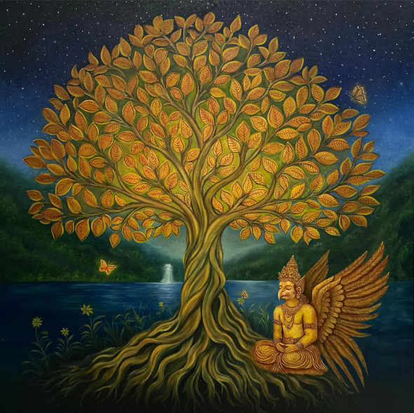 Kalpavriksha - Wish Fulfilling Tree (ART-5557-118490) - Handpainted Art Painting - 40in X 40in