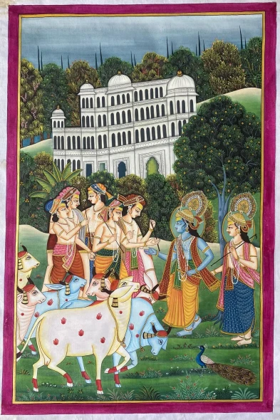 Handmade Kishanagrh Radha Krishna Painting (ART-8266-118367) - Handpainted Art Painting - 24in X 35in