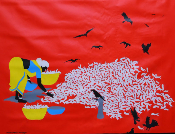 Sun Drying The Catch (ART-6412-118604) - Handpainted Art Painting - 48in X 37in