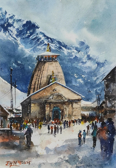 A Snowy Morning In Kedarnath (ART-18048-118644) - Handpainted Art Painting - 10in X 14in