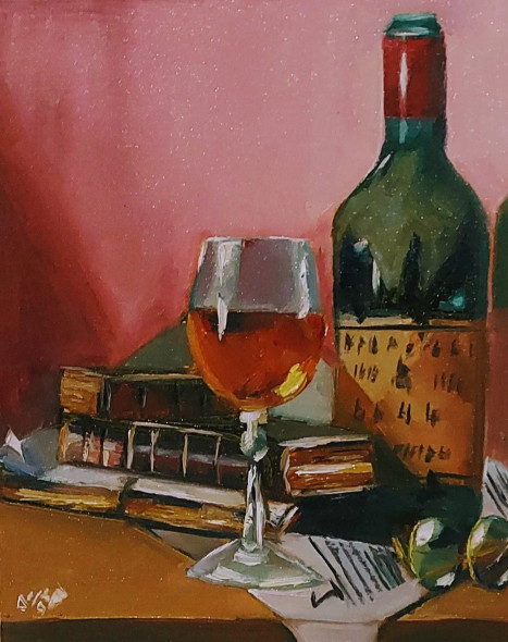 Glass And Books (ART-8322-118590) - Handpainted Art Painting - 10in X 12in