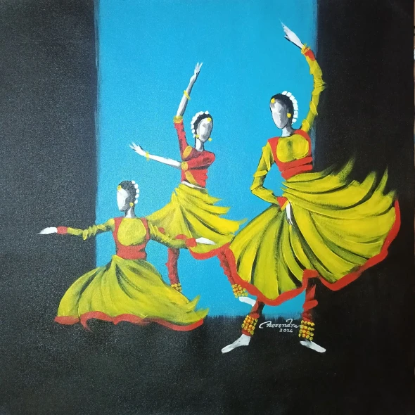 Taal – Kathak Dancers In Rhythm (ART-3674-118668) - Handpainted Art Painting - 24in X 24in