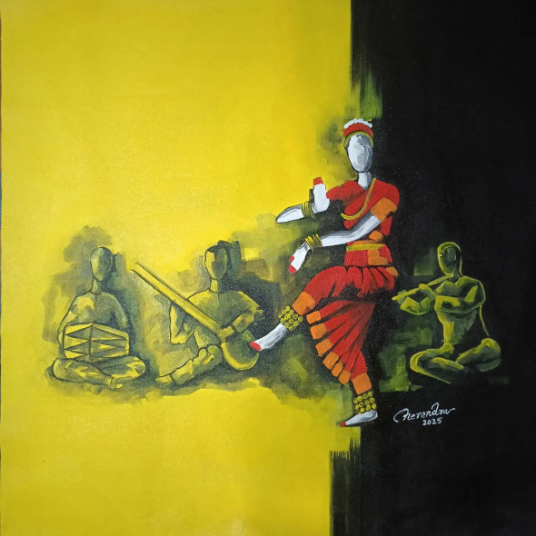 Rhythm Of Tradition – Bharatanatyam Dance Painting (ART-3674-118667) - Handpainted Art Painting - 24in X 24in