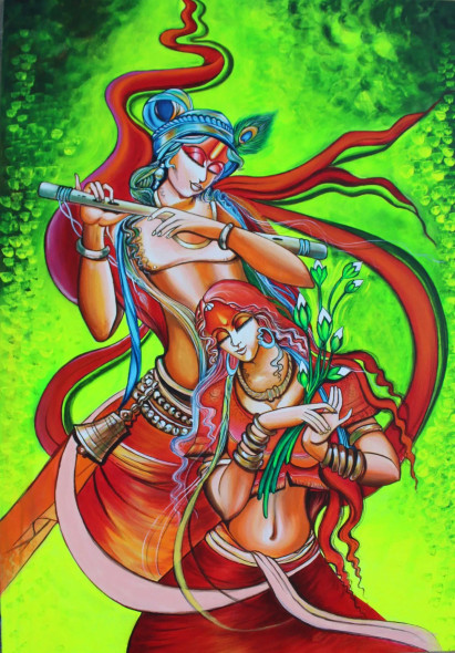Radha In The Rhythm Of The Flute (ART-15592-118736) - Handpainted Art Painting - 22in X 32in