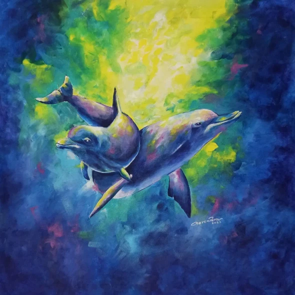 Harmony Of Dolphins – Vastu & Feng Shui Energy Acrylic Painting (24x24) (ART-3674-118748) - Handpainted Art Painting - 24in X 24in