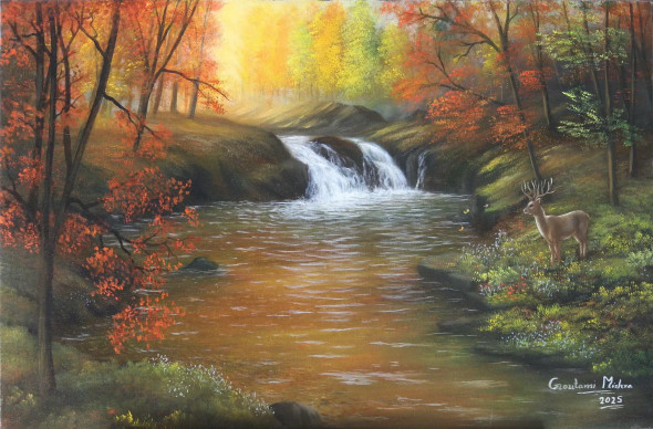 Autumn Forest Waterfall (ART-976-118742) - Handpainted Art Painting - 30in X 20in