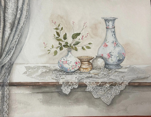 Flower Vase On A Lace Tablecloth And Curtains (ART-8171-118599) - Handpainted Art Painting - 22in X 16in