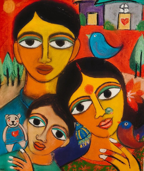 Happy Family (Soft Pastels) (PRT-8079-118734) - Canvas Art Print - 15in X 18in
