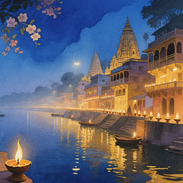 Golden Diyas Along The Sacred Ghat (PRT-8429-118502) - Canvas Art Print - 18in X 18in