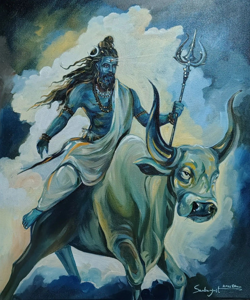 Mahadev On Nandi – Original Hand-Painted Shiva Artwork | Divine Power & Spiritual Energy (PRT-17209-118767) - Canvas Art Print - 40in X 48in