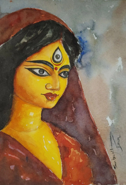 Goddess Durga Watercolor Portrait (PRT-17209-118805) - Canvas Art Print - 21in X 30in