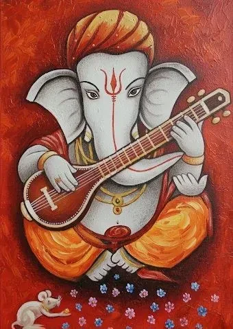 Lord Ganesha With Mushakraj Painting (ART-3319-118884) - Handpainted Art Painting - 24in X 36in