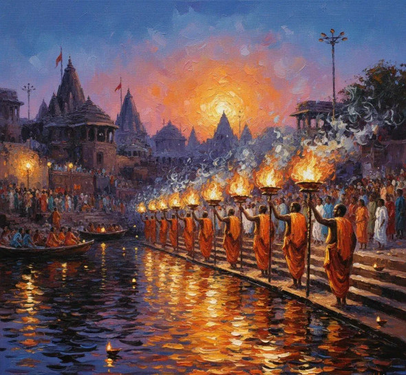 Golden Hour At The Varanasi Ghat (ART-3319-118853) - Handpainted Art Painting - 36in X 36in