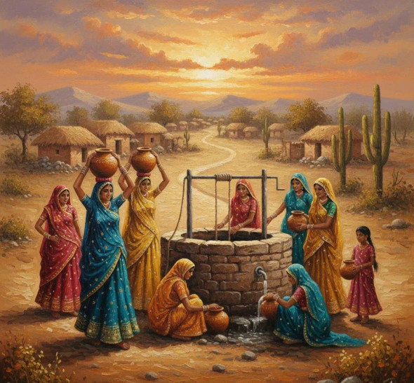 Rajasthani Village's Women's Carrying Matka (ART-3319-118855) - Handpainted Art Painting - 36in X 30in