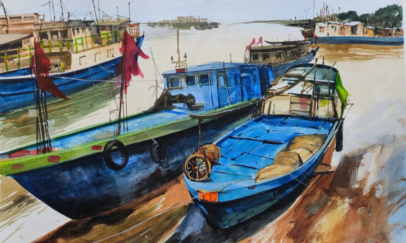 Boat (ART-7901-118897) - Handpainted Art Painting - 22in X 14in