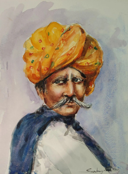 Rajasthani Pride – Traditional Indian Man Portrait In Watercolor (ART-17209-118860) - Handpainted Art Painting - 11in X 14in
