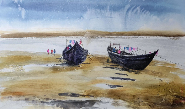 Boat (ART-7901-118893) - Handpainted Art Painting - 22in X 14in
