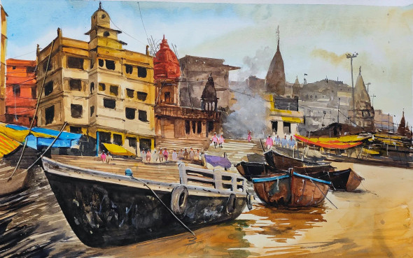 Benaras Ghat (ART-7901-118896) - Handpainted Art Painting - 22in X 14in