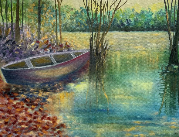Serene River With Lonely Boat (ART-8841-118926) - Handpainted Art Painting - 18in X 14in