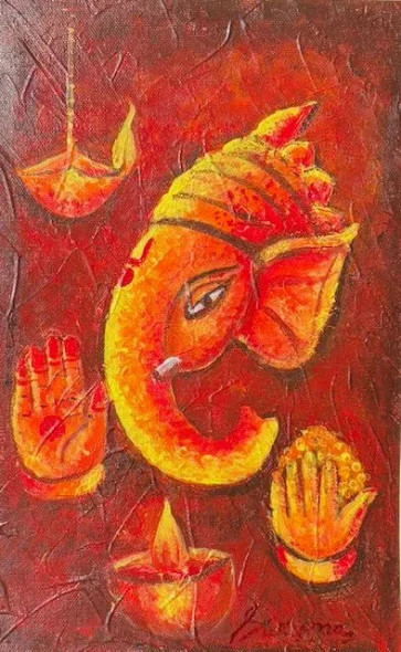 Ganesh (ART-16110-118932) - Handpainted Art Painting - 8in X 13in