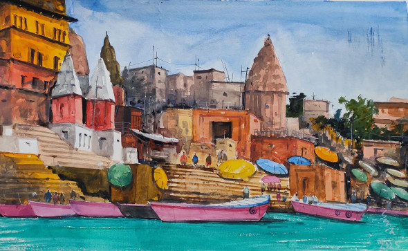 Benaras Ghat (ART-7901-118898) - Handpainted Art Painting - 22in X 14in