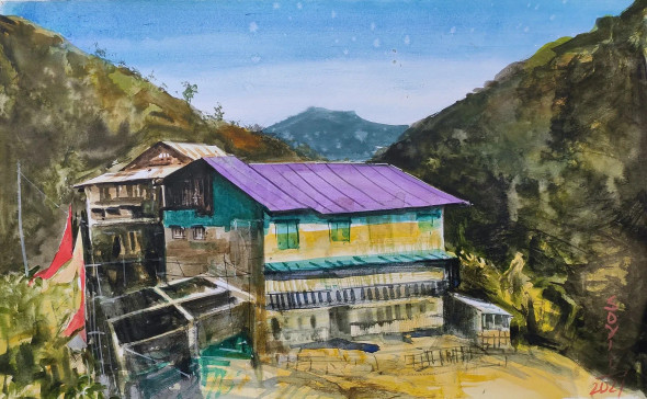Purple House (ART-7901-118899) - Handpainted Art Painting - 22in X 14in