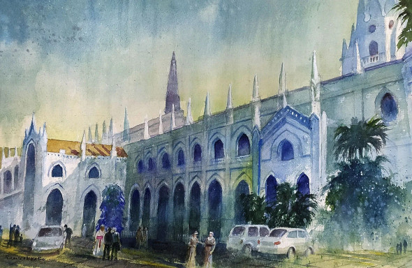 San Thome Church (ART-662-118866) - Handpainted Art Painting - 20in X 13in