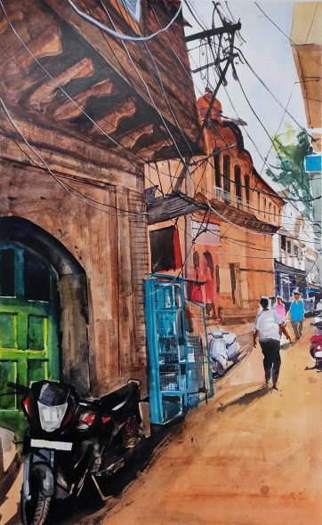 Gali Of Benaras. (ART-7901-118895) - Handpainted Art Painting - 14in X 22in