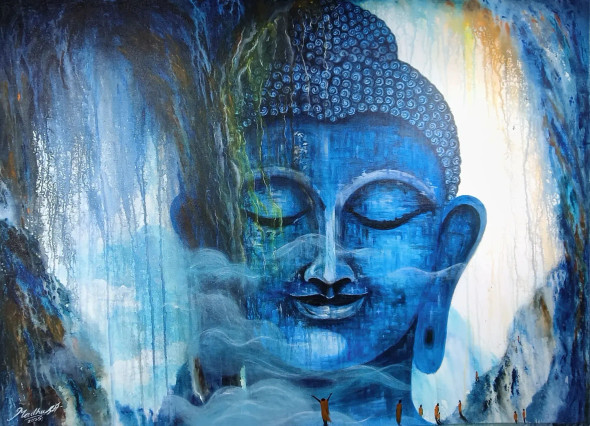SMILING BUDDHA (ART-18060-118983) - Handpainted Art Painting - 48in X 36in