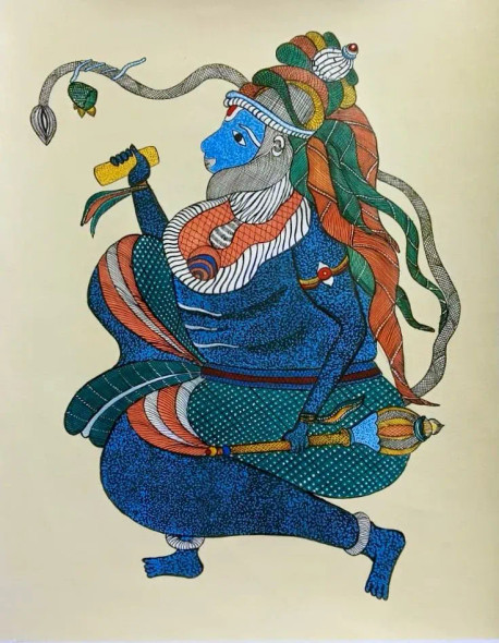 Lord Hanuman II Gond Art Painting (ART-16885-118953) - Handpainted Art Painting - 16in X 20in