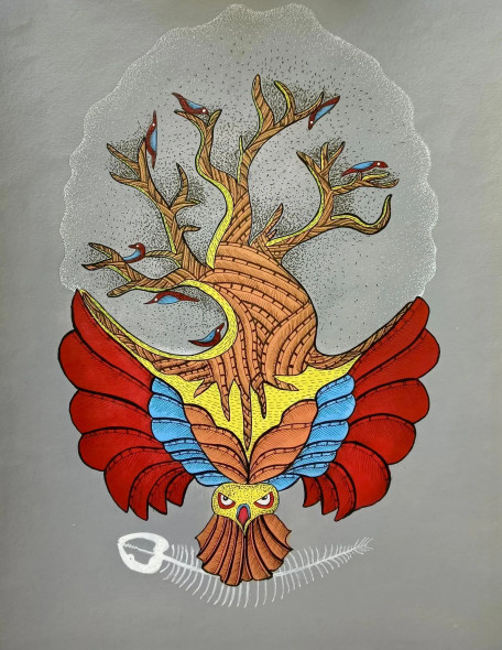 Tree Of Life Bird || Gond Painting (ART-16885-118955) - Handpainted Art Painting - 16in X 20in