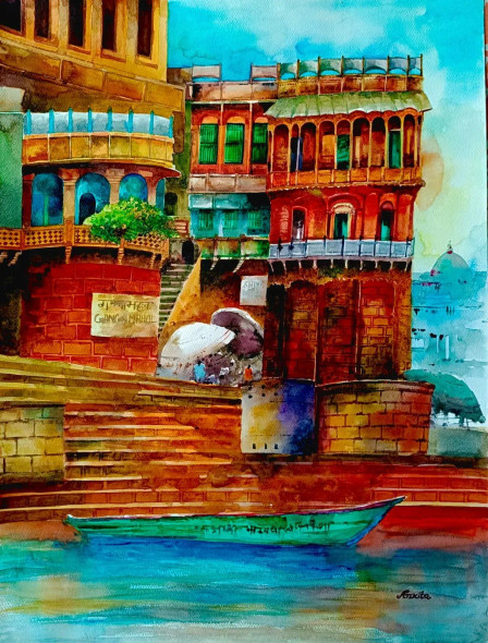 Varanasi (ART-8538-118958) - Handpainted Art Painting - 22in X 30in