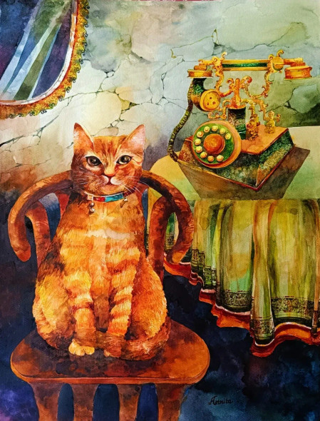 Cat With Vintage Telephone (ART-8538-118961) - Handpainted Art Painting - 22in X 30in