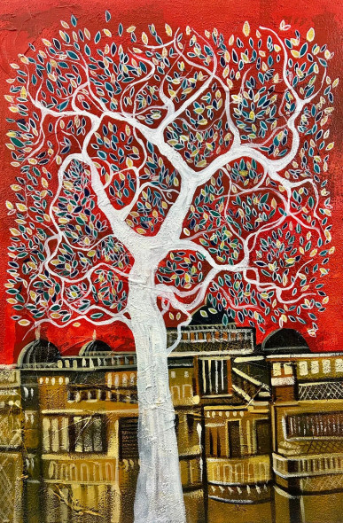 Tree Of Life Cityscape || Gond Art (ART-16885-119054) - Handpainted Art Painting - 24in X 36in