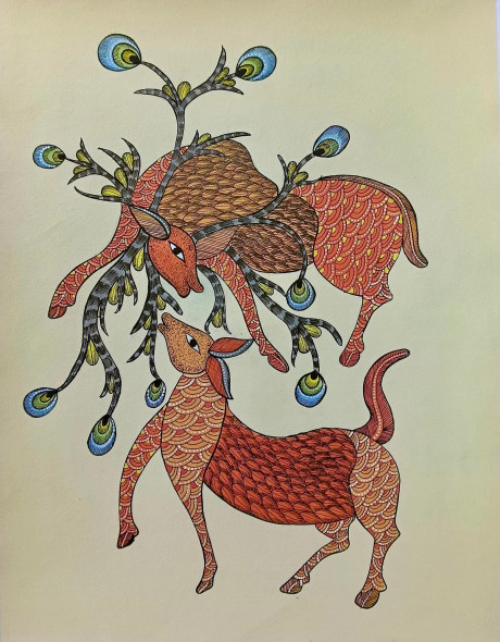 Deer Couple Painting II Gond Art (ART-16885-118954) - Handpainted Art Painting - 16in X 20in