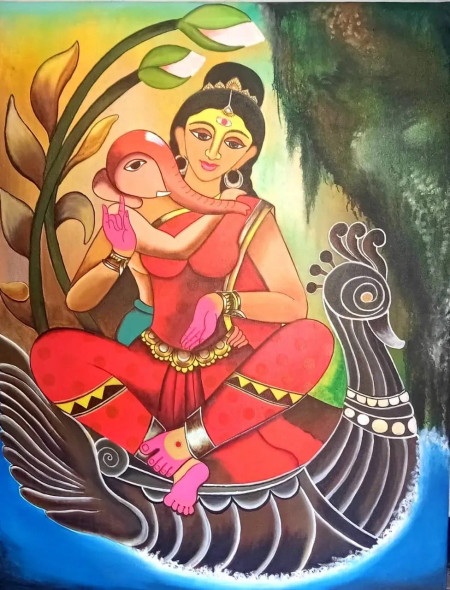Ganesha Painting (ART-6706-118977) - Handpainted Art Painting - 36in X 48in