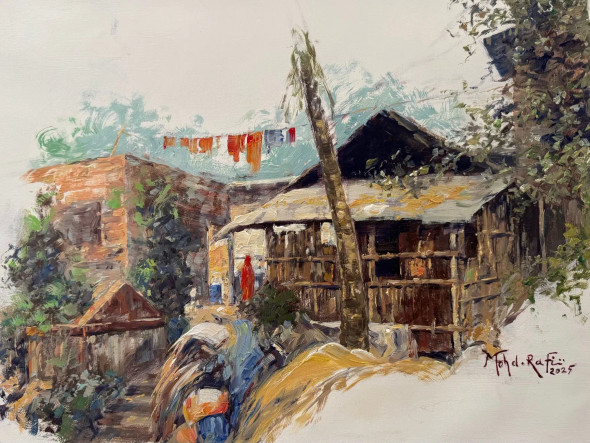 Village House (ART-15644-119014) - Handpainted Art Painting - 16in X 12in