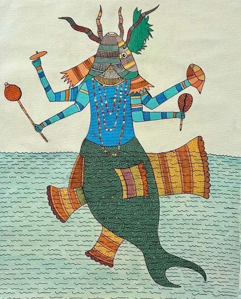 Matsya Avatar Gond Painting | Indian Gond Art Wall Decor (ART-16885-118948) - Handpainted Art Painting - 16in X 20in