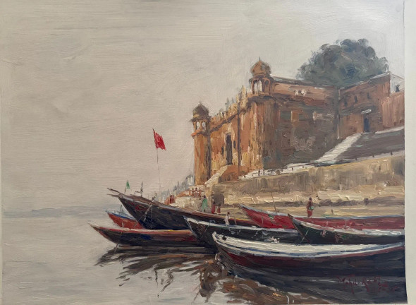 Banaras Ghat (ART-15644-119012) - Handpainted Art Painting - 16in X 12in