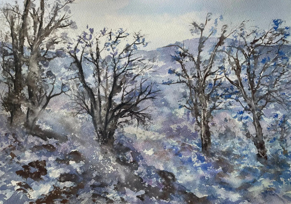Winter Trees In Snowfall (ART-8841-118998) - Handpainted Art Painting - 15in X 11in