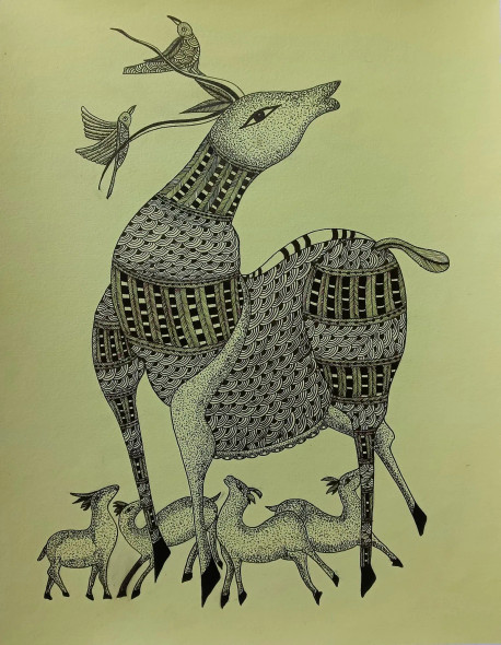 Deer Family With Birds | Tribal Gond Art (ART-16885-118952) - Handpainted Art Painting - 16in X 20in