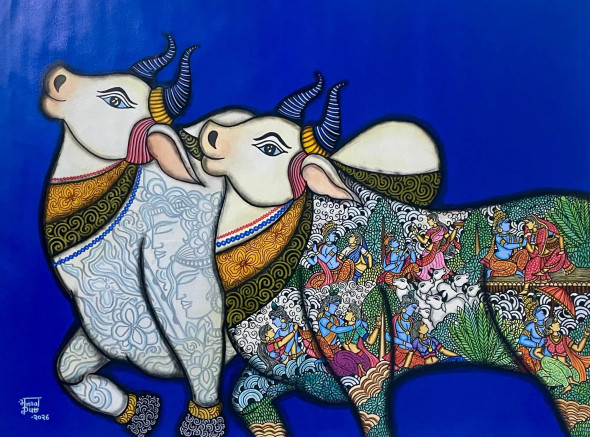 Dwij- Eternal Love Story Of Krishna And Radha (ART-7129-119095) - Handpainted Art Painting - 42in X 32in