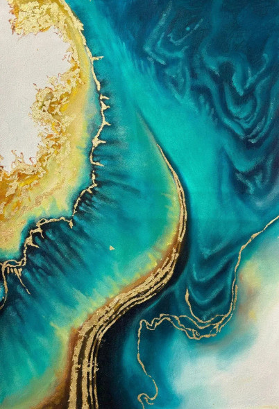 Abstract Teal Gold Painting | Original Handmade Modern Wall Art | Ocean Luxury Decor (ART-16885-119098) - Handpainted Art Painting - 24in X 36in