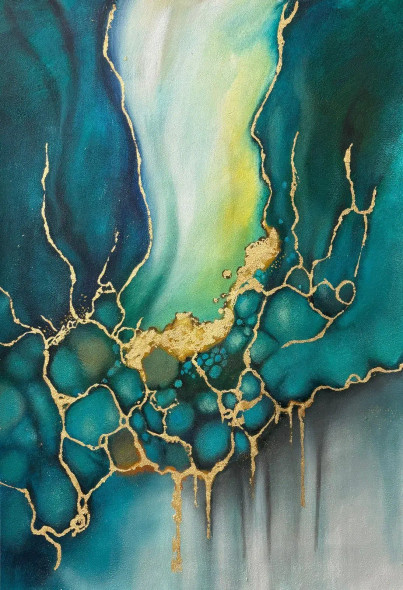 Abstract Blue Gold Painting | Original Handmade Modern Wall Art | Luxury Decor (ART-16885-119097) - Handpainted Art Painting - 24in X 36in
