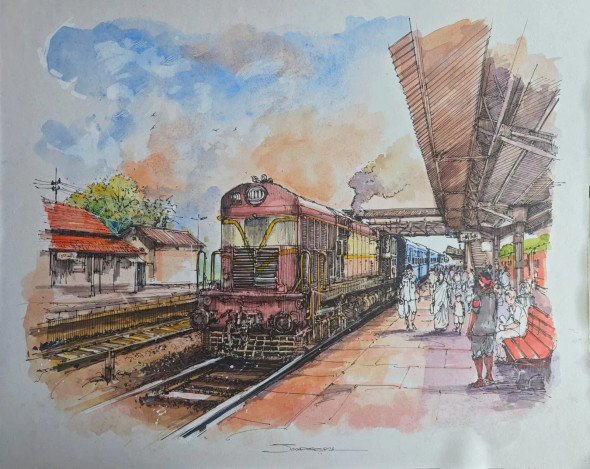 The Red Diesel (ART-8658-119296) - Handpainted Art Painting - 23in X 16in