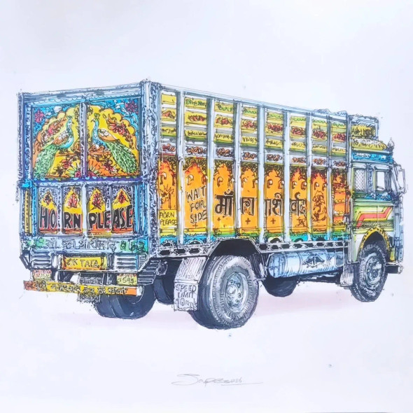 Horn Please Truck (ART-8658-119297) - Handpainted Art Painting - 17in X 11in