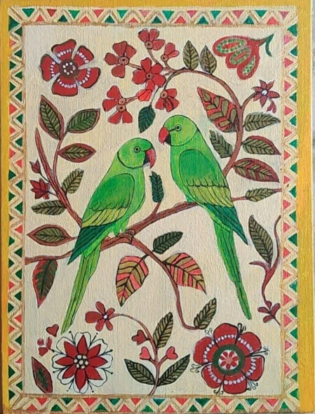 Parrots In Love Madhubani Painting (ART-17176-119303) - Handpainted Art Painting - 12in X 16in