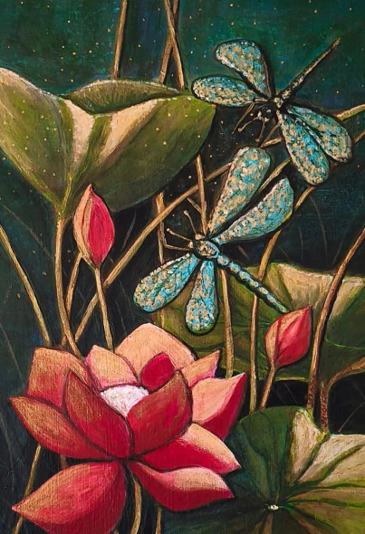 Dragonflies And Lotus (ART-6775-119323) - Handpainted Art Painting - 8in X 12in